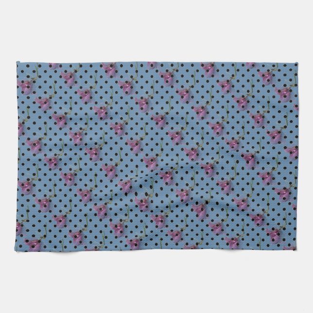 Blauviolette Blumen und schwarze Polka-Punkte Handtuch (Horizontal)