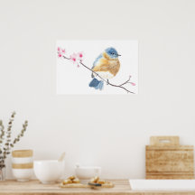 Blauvogel mit Wasserfarbe auf einem Kirschblütenzw
