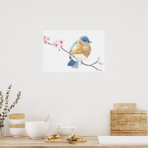 Blauvogel mit Wasserfarbe auf einem Kirschblütenzw Poster