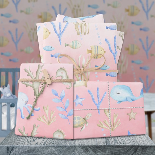 Blauwal-Octopus-Seepferd unter Meerrosa Geschenkpapier Set (Baby Blue Whale Octopus Seahorse Under Sea Pink Kids Gift Wrapping Paper Sheets Trio)