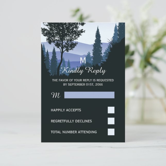 Blauwald, rustikale Hochzeit RSVP Karte (Stehend Vorderseite)