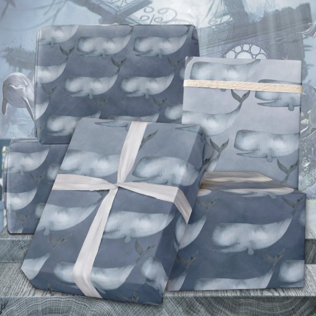 Blauwale unter dem tiefblauen Ozean Geschenkpapier (Blue Whales Under The Deep Blue Ocean Watercolor Kids & Adults Gift Wrapping Paper Rolls)