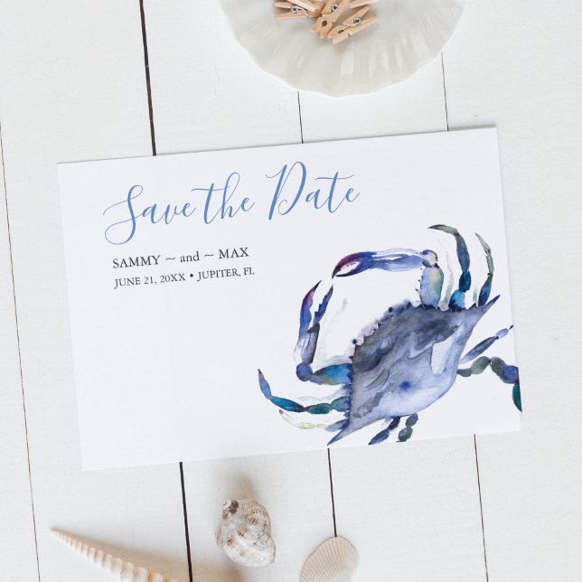 Blauwaschkrebse Save the Date (Non photo wedding save the date invitations watercolor blue crab art by Victoria Grigaliunas)