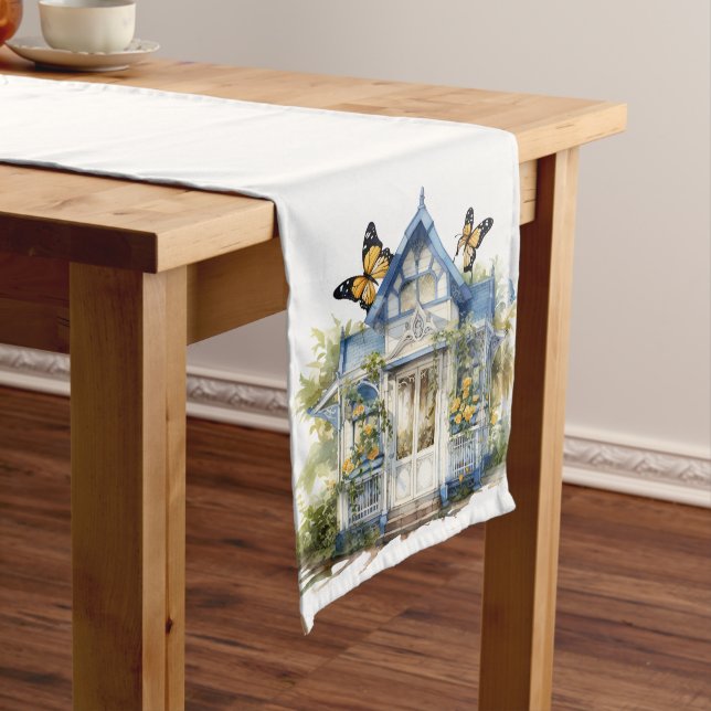 BLAUWEISE HÜTTE MIT GELBEN SCHALTFLÄCHEN GROßER TISCHLÄUFER (Beispiel)