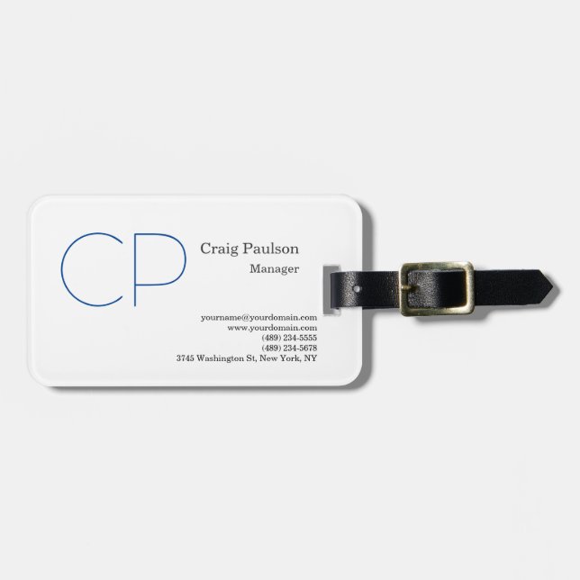 Blauweiß Minimalistisch Modern Monogram Gepäckanhänger (Vorderseite horizontal)