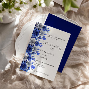 Blauweiße Blütenschrift Hochzeit Einladung