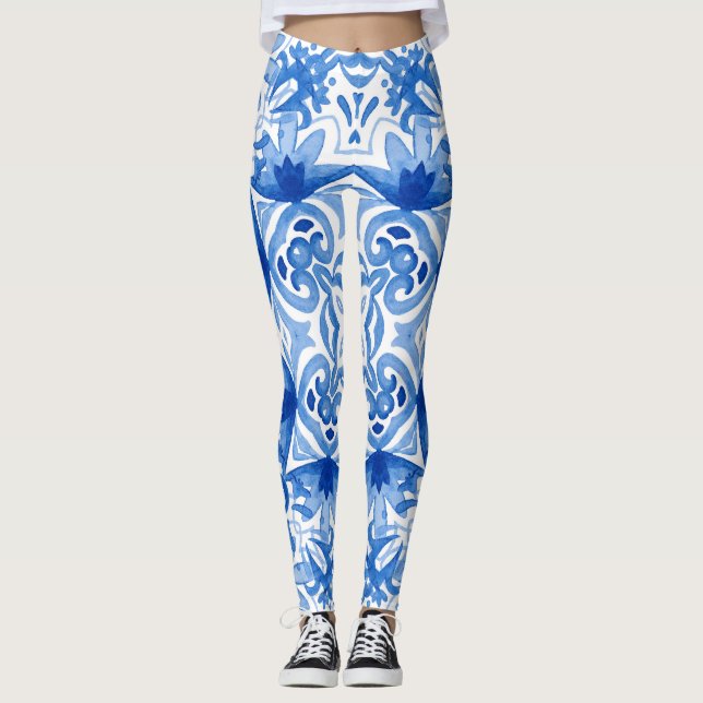 Blauweiße Fliese, Aquarellmuster. Leggings (Vorderseite)