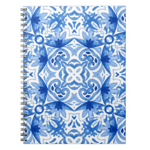 Blauweiße Fliese, Aquarellmuster. Notizblock