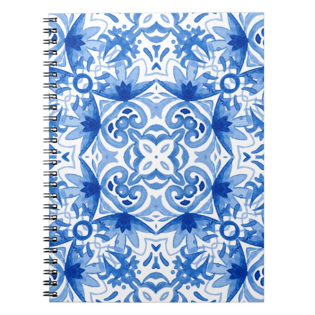 Blauweiße Fliese, Aquarellmuster. Notizblock (Vorderseite)