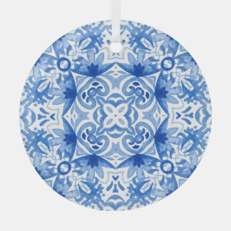 Blauweiße Fliese, Aquarellmuster. Ornament Aus Glas