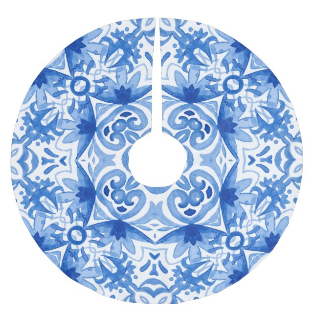 Blauweiße Fliese, Aquarellmuster. Polyester Weihnachtsbaumdecke (Vorderseite)
