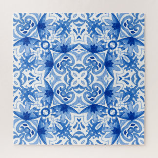 Blauweiße Fliese, Aquarellmuster. Puzzle