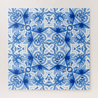 Blauweiße Fliese, Aquarellmuster. Puzzle