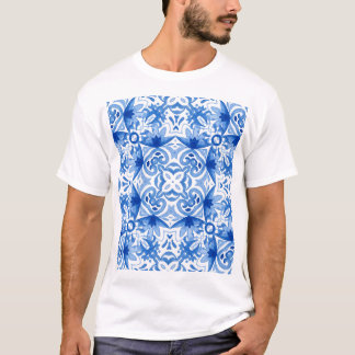 Blauweiße Fliese, Aquarellmuster. T-Shirt