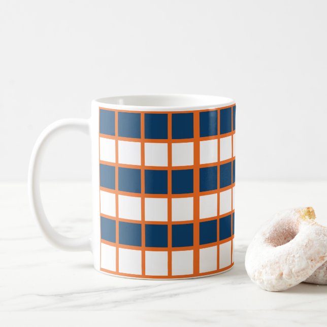 Blauweiße Orangen-Karos geprüft Kaffeetasse (Mit Donut)