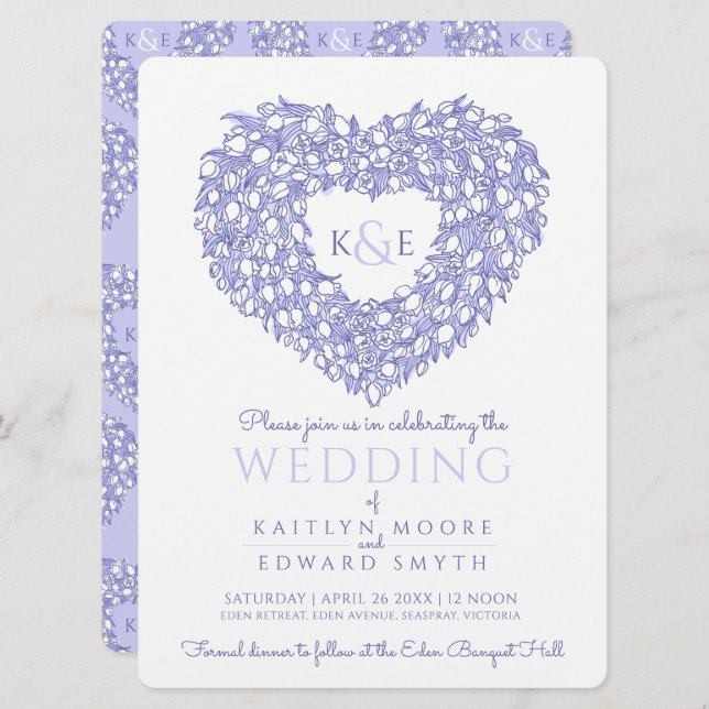 Blauweiße Tulpen zeichnend Herzhochzeit Einladung (Vorne/Hinten)