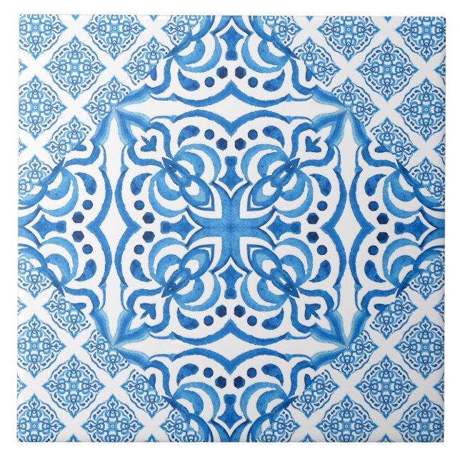 Blauweißer Azulejos Spanische Fliesen Delft Muster (Vorderseite)