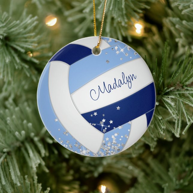 Blauweißer Volleyball winziger Silbersterne Akzent Keramik Ornament (Baum)