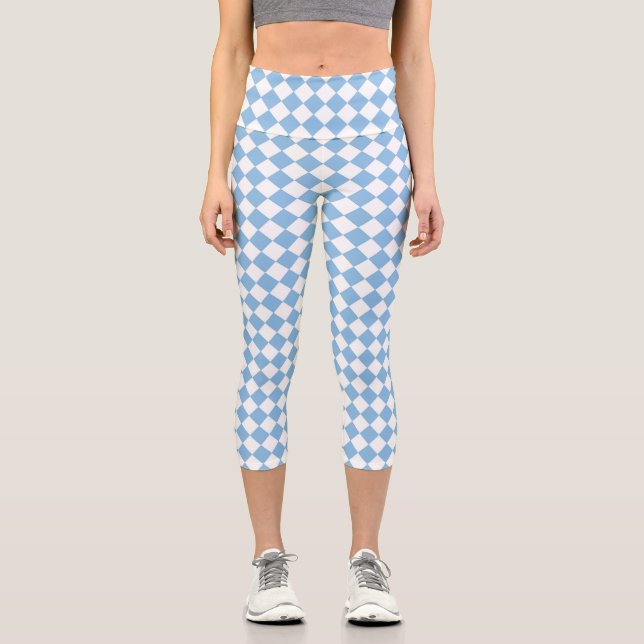 Blauweißes Schachbrett Diamantmuster Capri Leggings (Vorderseite)