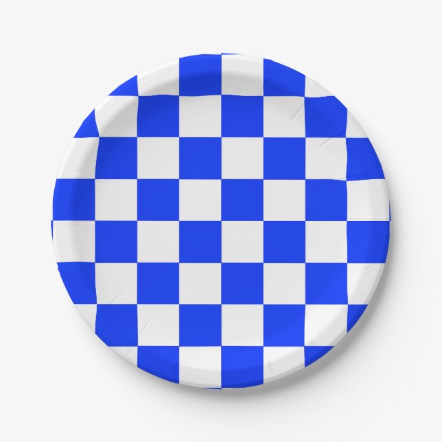 Blauweißes Schachbrettmuster für den Karo Pappteller (Vorderseite)