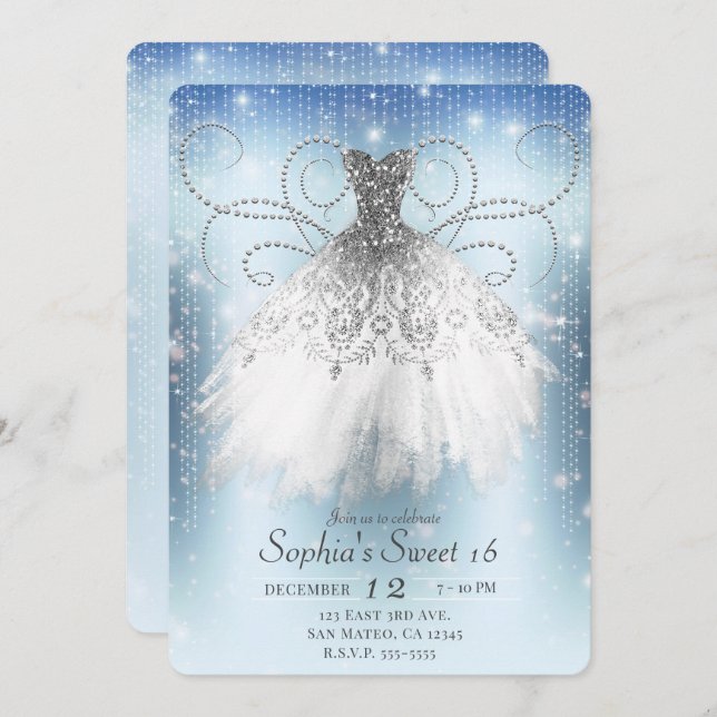 Blauweißes Silberdruckkleid Sweet 16 Party Einladung (Vorne/Hinten)