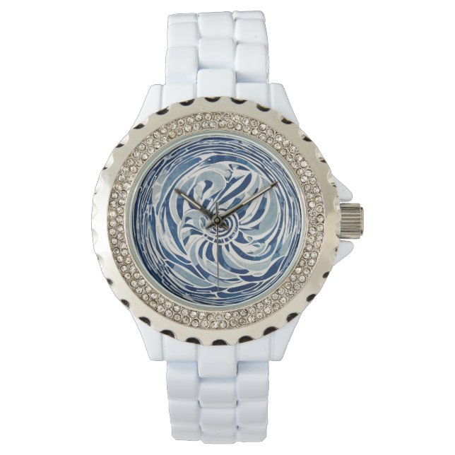 Blauweißes Swirl-Muster 02 Armbanduhr (Vorderseite)