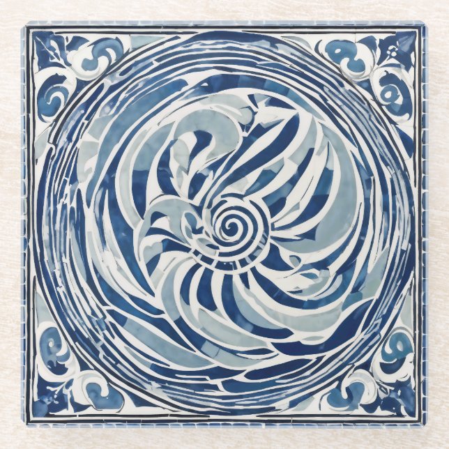 Blauweißes Swirl-Muster 02 Glasuntersetzer (Vorderseite)