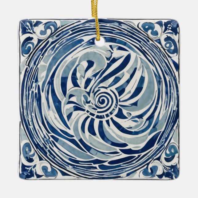 Blauweißes Swirl-Muster 02 Keramikornament (Vorderseite)