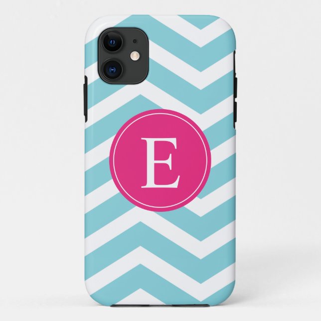 Blauweißes Zickzack-hellrosa Monogramm Case-Mate iPhone Hülle (Rückseite)