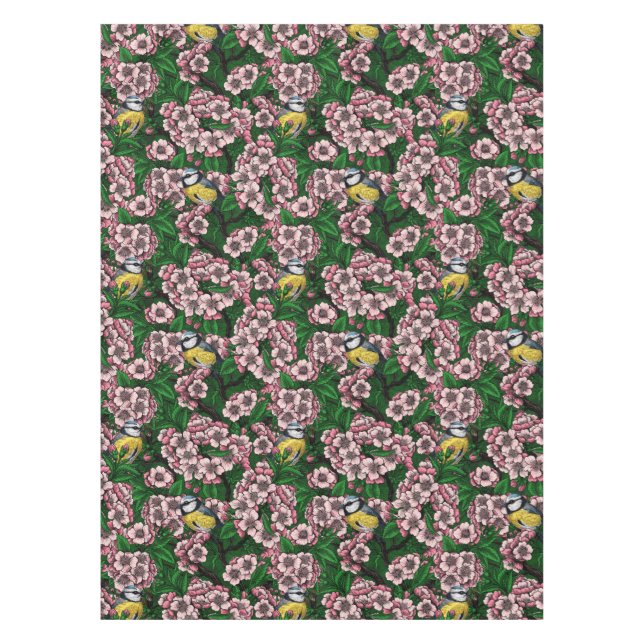 Blauzungenvögel im blühenden Kirschbaum auf Gras Tischdecke (Vorderseite)