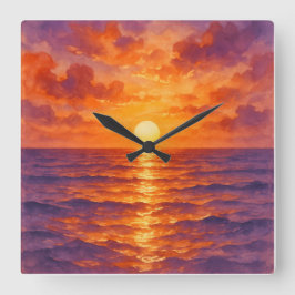 Blazing Sunset - Vibrant Watercolor Painting Style Quadratische Wanduhr