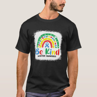 Bleached Be Kind Rainbow Blue Ribbon Autism Awaren T-Shirt