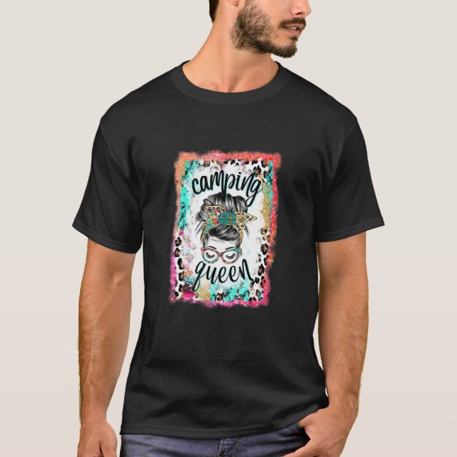 Bleached Leopard Messy Bun Camping Queen Funny Cam T-Shirt (Vorderseite)