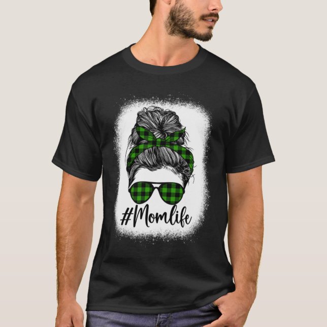 Bleached Messy Bun Mom Life Plaid Green Print Moth T-Shirt (Vorderseite)