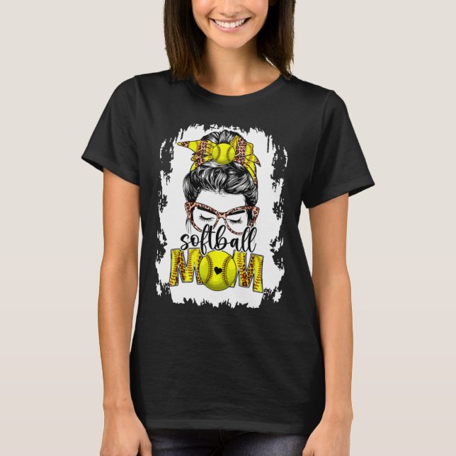 Bleached Softball Mom Game Day Messy Bun Leopard P T-Shirt (Vorderseite)