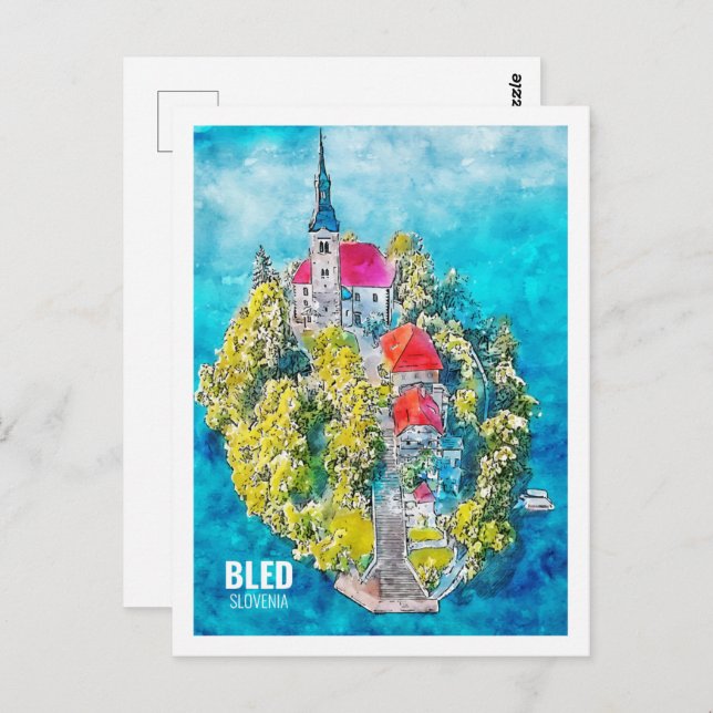 Bled Slovenien Famous Travel Watercolor Sketch Postkarte (Vorne/Hinten)