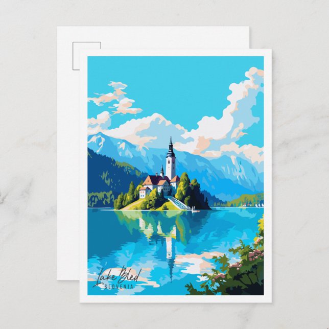 Bled Slovenien Vintage Illustration Postkarte (Vorne/Hinten)