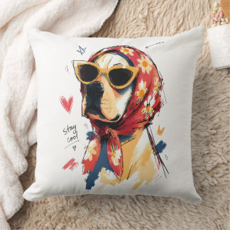 Bleib cool Hund mit floralem Kopftuch und Sonnenbr Kissen