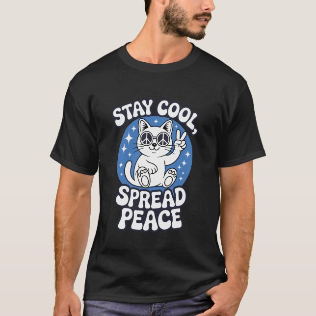 Bleib cool mit Peace Cat mit Brille und Sieg  T-Shirt (Vorderseite)