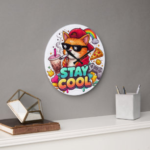 Bleib Cool Vibes – Chill Cat Streetwear Große Wanduhr