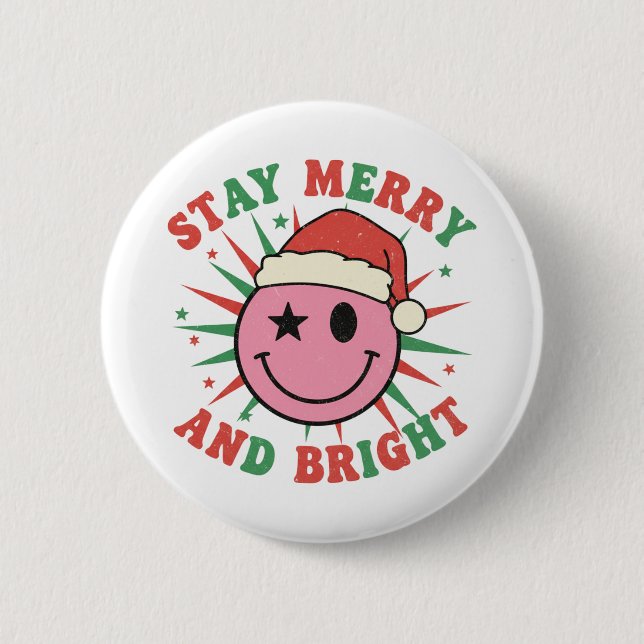 Bleib Froh und Hell Retro Smiley Gesicht Weihnacht Button (Vorderseite)