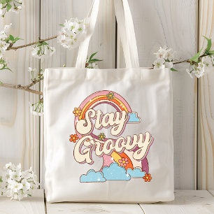 Bleib Groovy Retro-Regenbogen-Blumen-Typografie Tragetasche