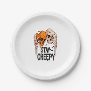 Bleib gruselig PNG, Retro-Totenkopf Halloween Pappteller