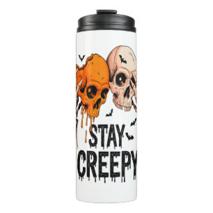 Bleib gruselig PNG, Retro-Totenkopf Halloween Thermosbecher