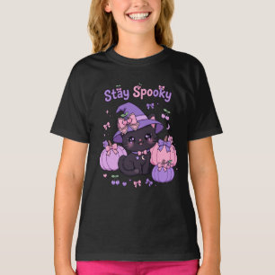 Bleib Gruselige Katze Hexe Kirsch Bogen Kürbis Süß T-Shirt