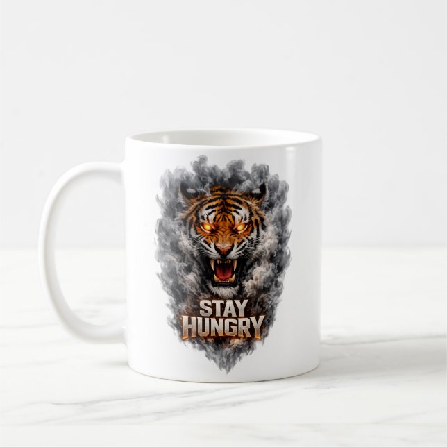 Bleib hungrig Tiger Motivationsdesign Kaffeetasse (Links)