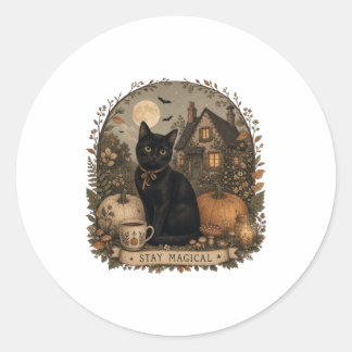 Bleib Magisch Schwarze Katze Halloween Cottagecore Runder Aufkleber