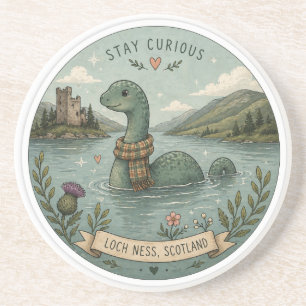 Bleib neugierig gemütliches Kryptid Nessie Loch Ne Getränkeuntersetzer