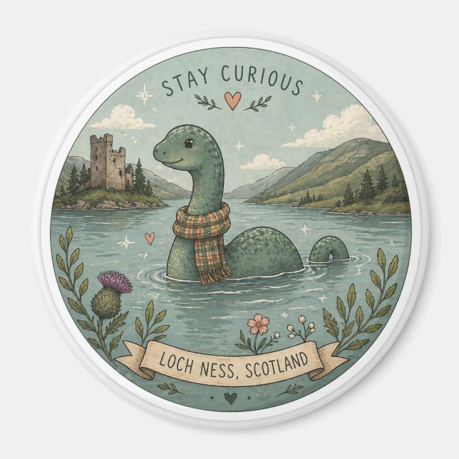 Bleib neugierig gemütliches Kryptiden Nessie Loch  Magnet (Vorne)