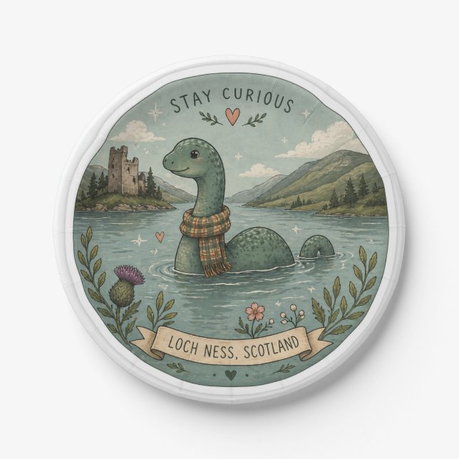 Bleib neugierig gemütliches Kryptiden Nessie Loch  Pappteller (Vorderseite)